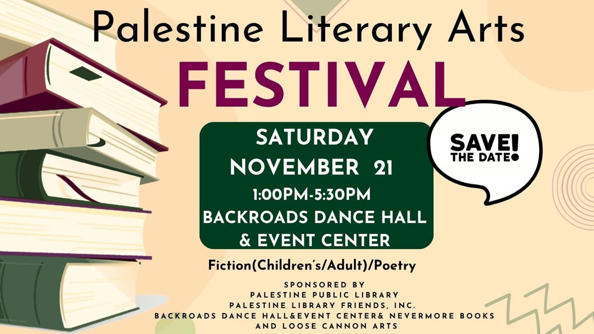 Flyer for the Palestine Literary Arts Festival, Saturday November 21, 1:00 to 5:30 PM, Backroads Dance Hall and Event Center