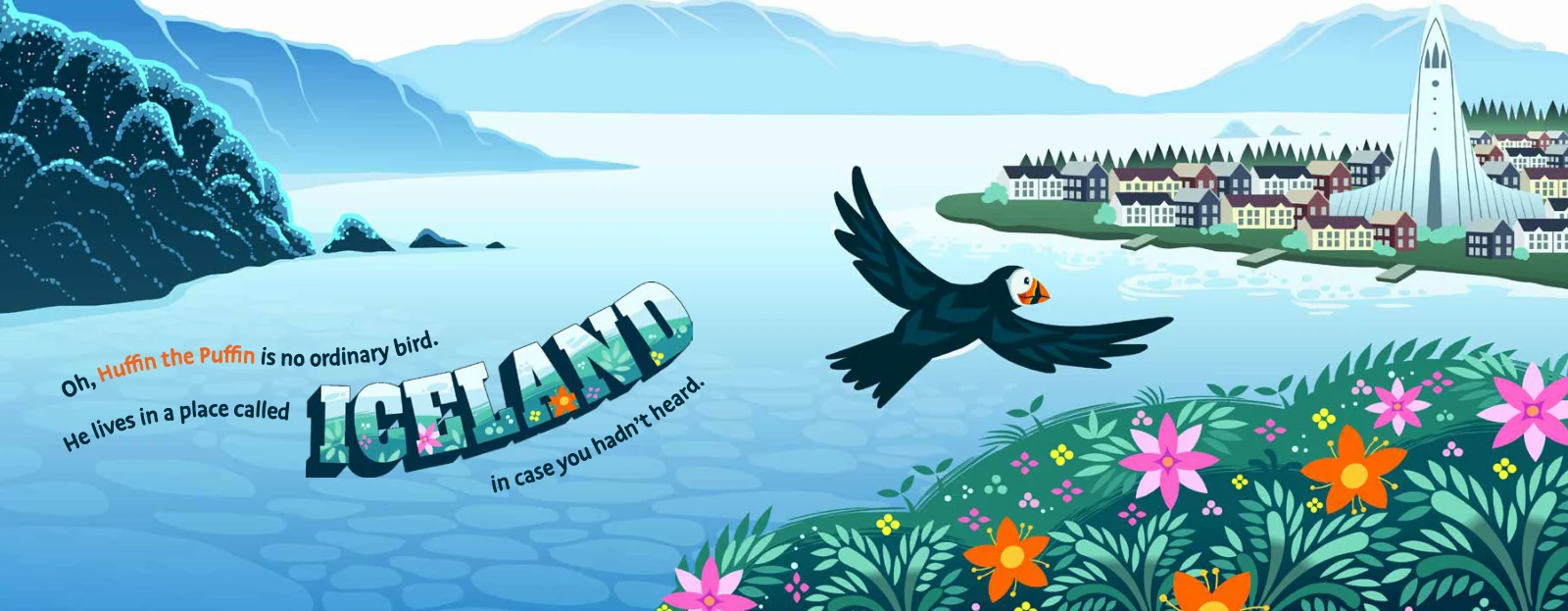 Illustration from Huffin the Puffin showing Huffin above the Iceland coast