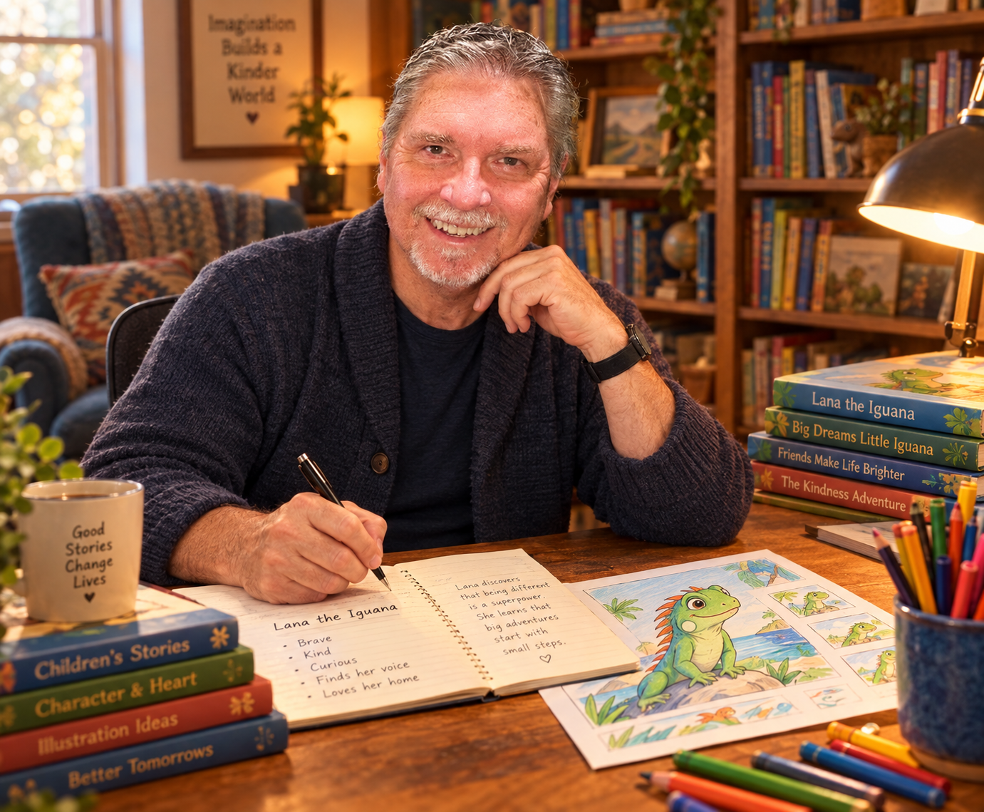 Illustrated portrait of author Bob Vernon writing a first draft by hand at his desk with a plastic green iguana beside him and a world map behind