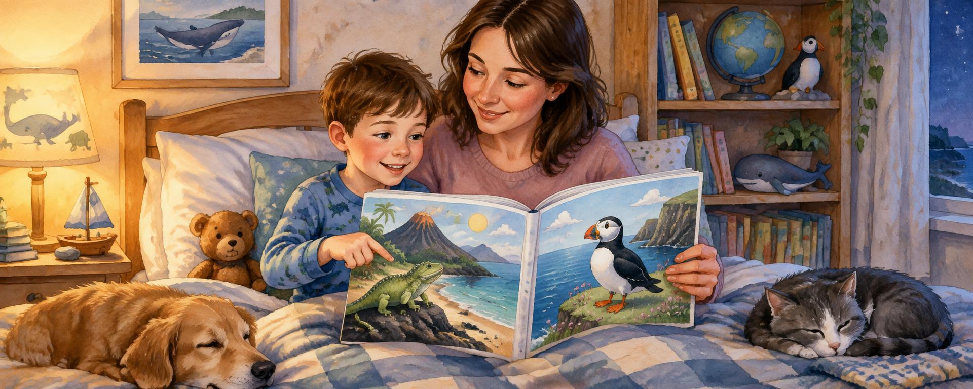 Storybook illustration of a proud five year old boy reading a picture book aloud while his mother listens beside him at bedtime
