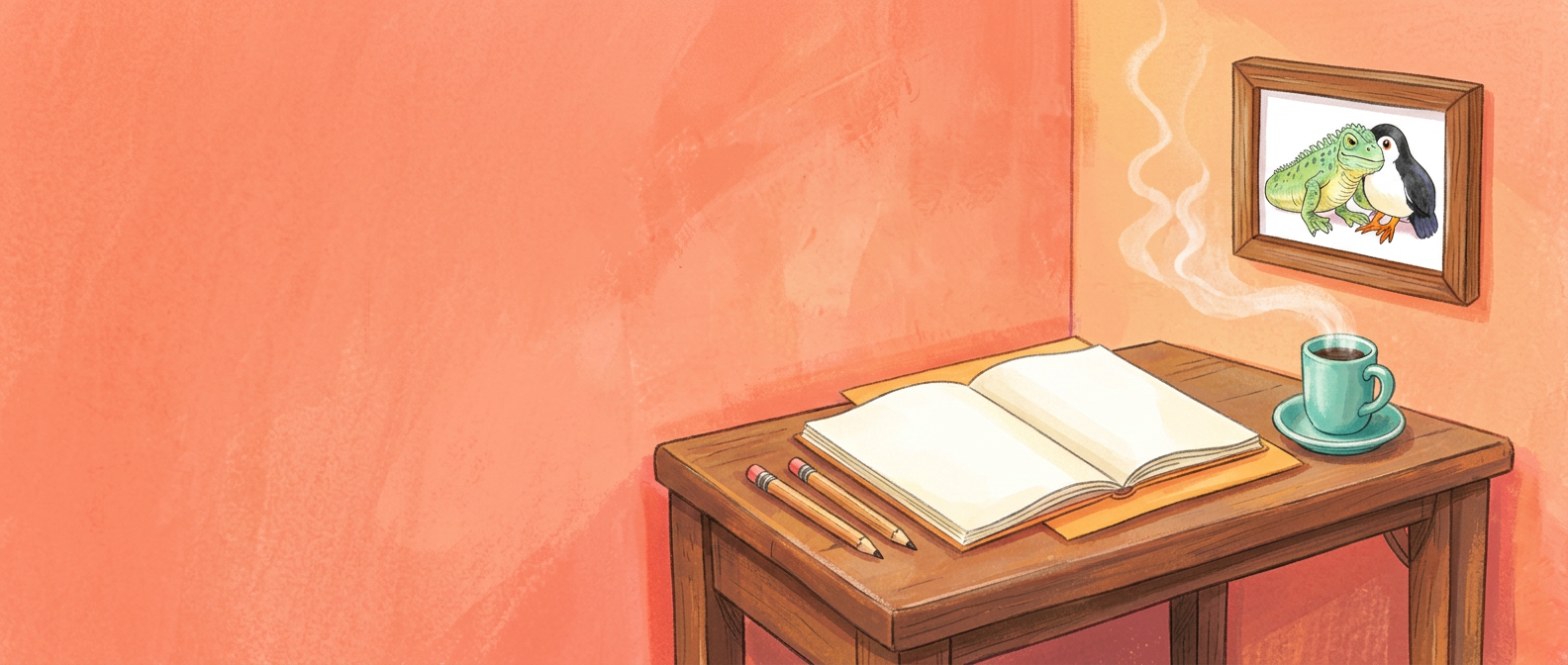 Storybook illustration of a cozy writing desk with a handwritten letter, crayons and a child's drawing of an iguana and a puffin pinned to the wall