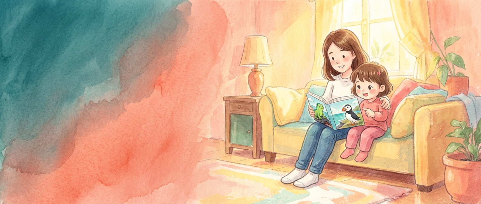 Storybook illustration of a mother kneeling beside her curious daughter who holds an open picture book and asks a question in a cozy living room