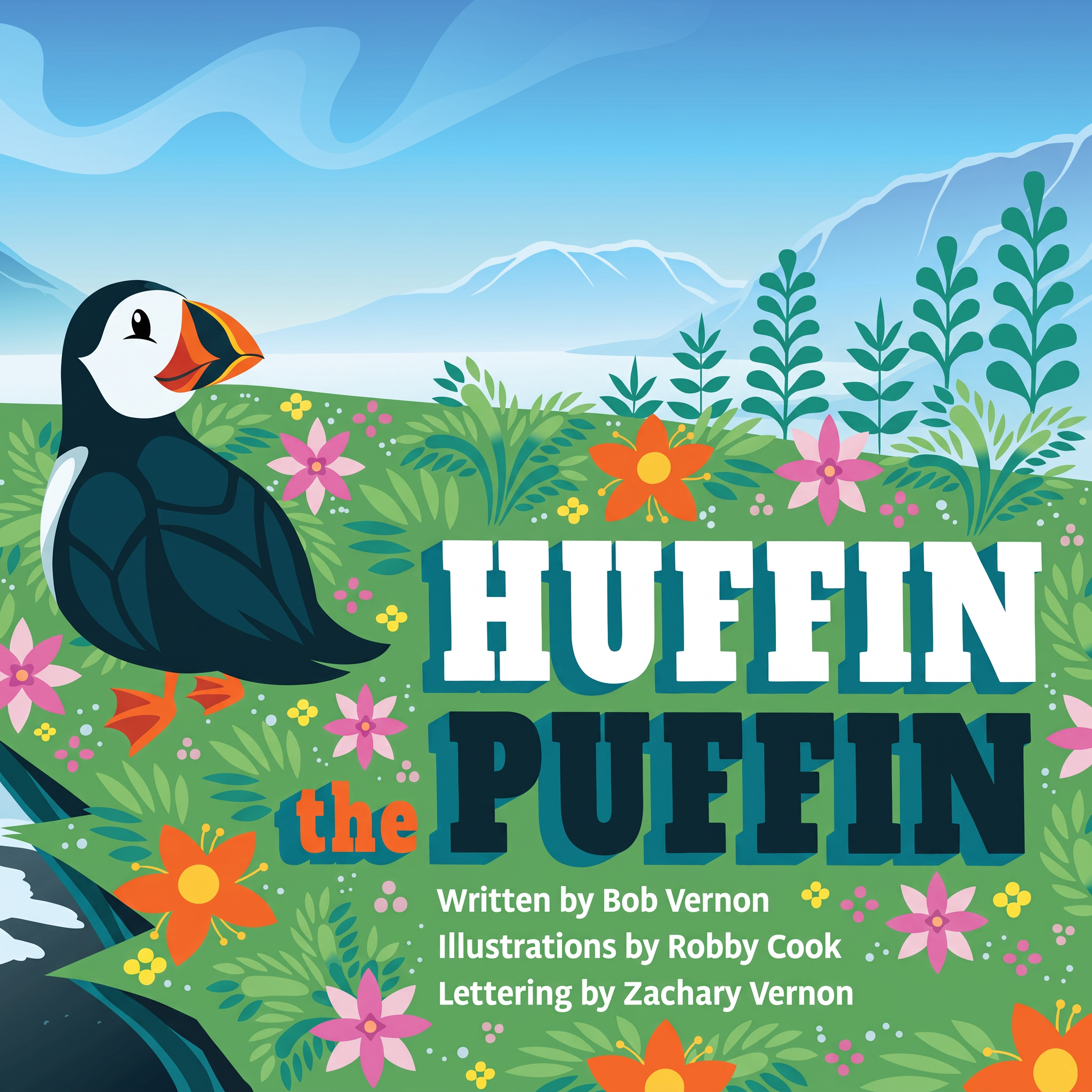 Official cover of Huffin the Puffin, showing a puffin among bright Icelandic flowers with mountains behind