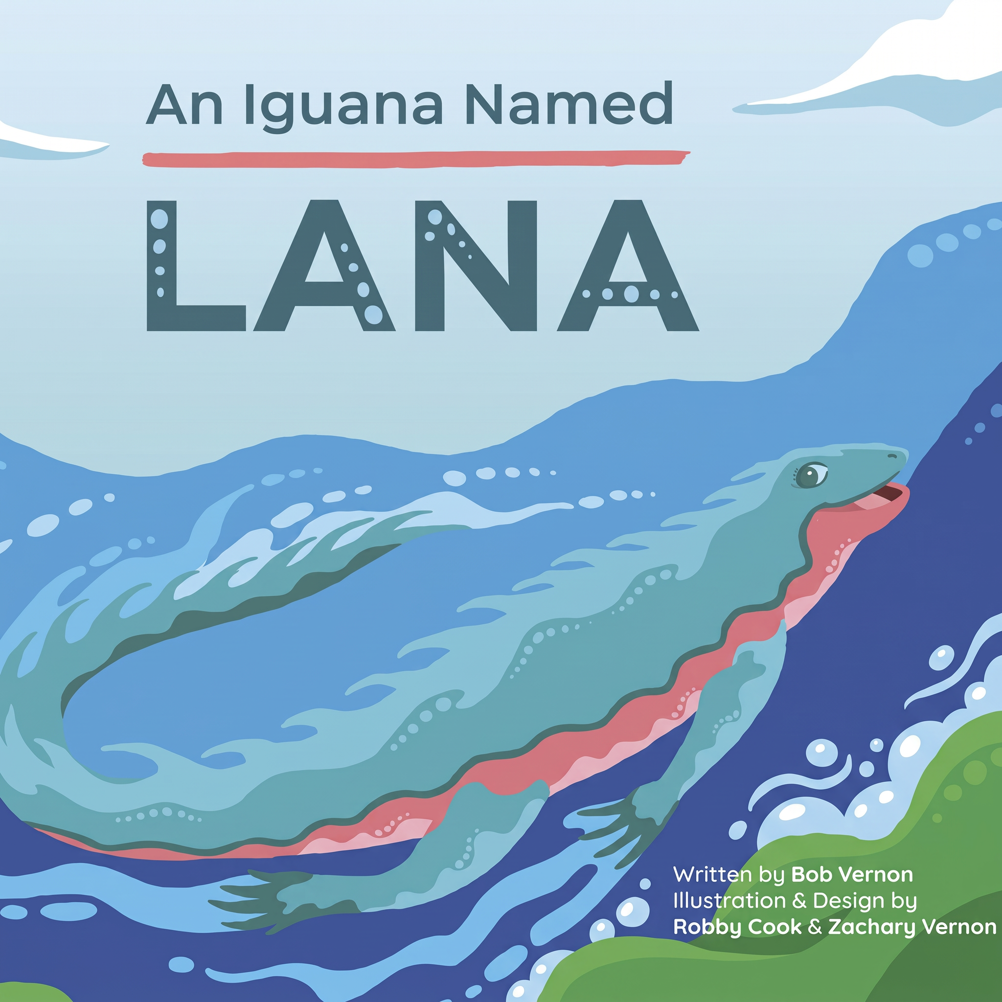 Official cover of An Iguana Named Lana, showing a marine iguana swimming through layered blue water