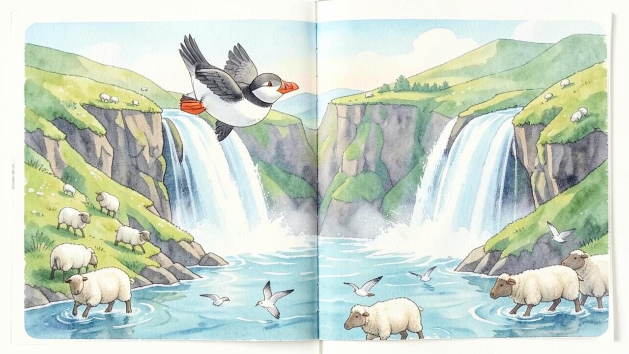 Illustration of Huffin the puffin flying over Icelandic waterfalls with sheep grazing on green cliffs below
