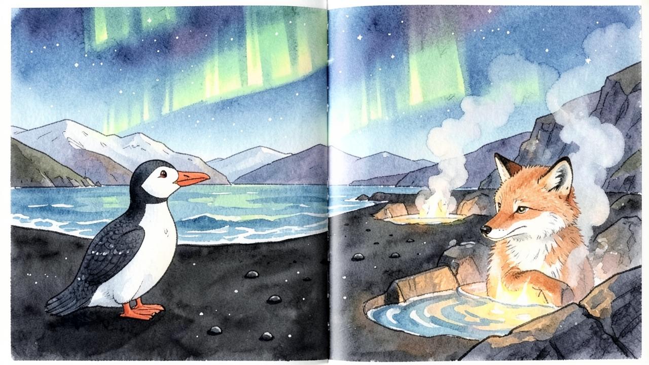 Interior illustration of Huffin the puffin and an arctic fox under green northern lights