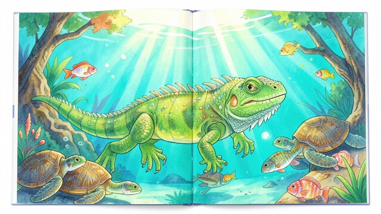 Interior illustration of Lana the iguana swimming with sea turtles through turquoise water