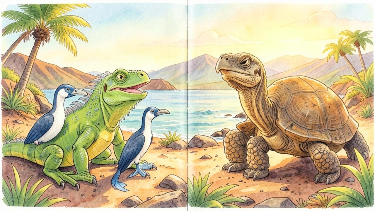 Interior illustration of Lana the iguana talking with two blue-footed boobies on a sandy shore