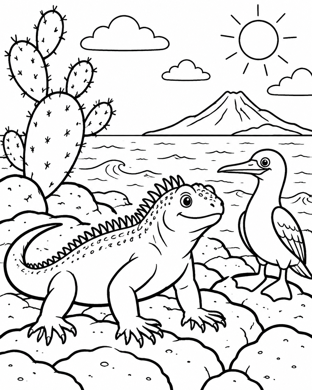 Preview of the Lana the iguana coloring book, black and white line art ready to print