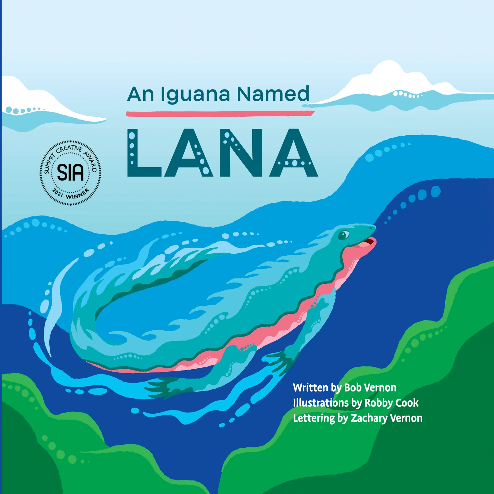 Official cover of An Iguana Named Lana, showing a marine iguana swimming through layered blue water